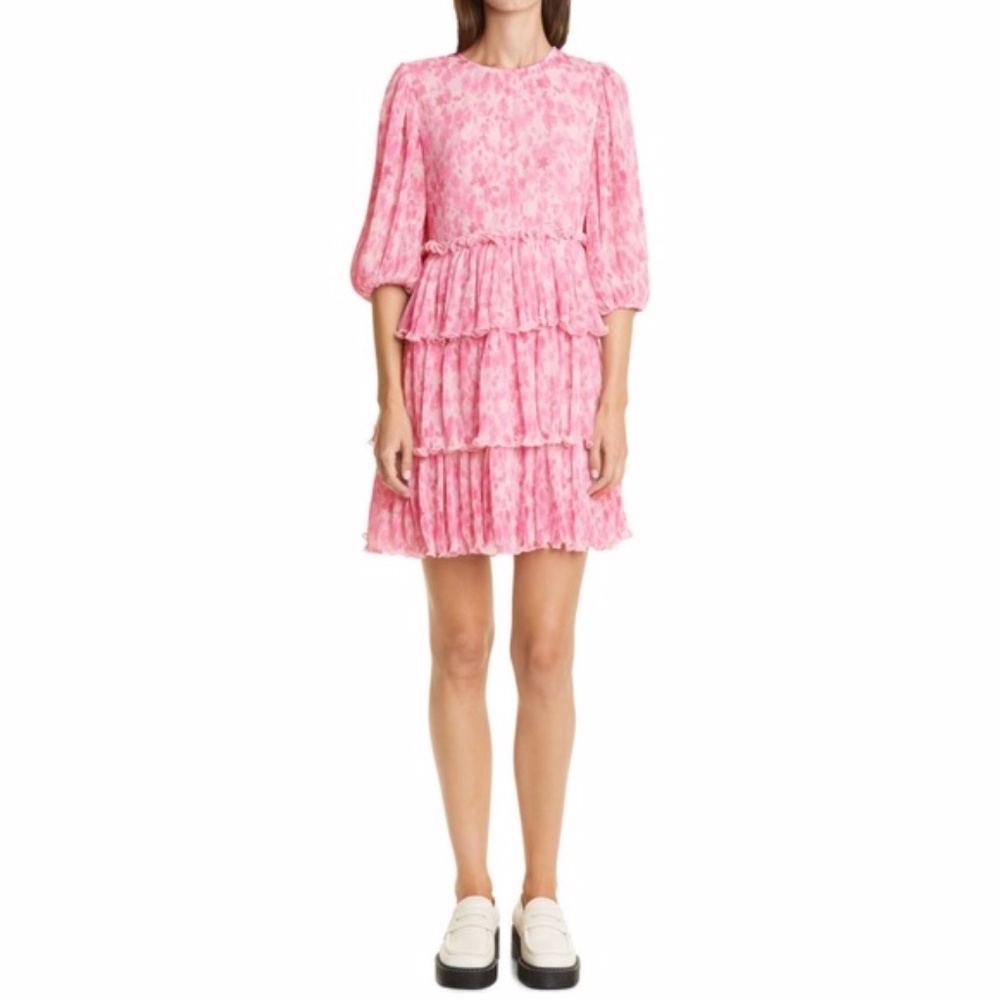 NEW Ganni Floral Pleated Tiered Georgette Dress Sweet Lilac 34